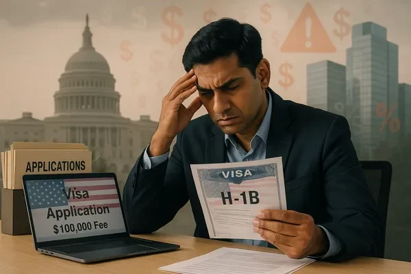 India H-1B Visa Hike Visual – Worker Faces $100K Application Fee India H-1B Visa Hike shows a stressed software engineer reviewing H-1B visa documents with a $100,000 fee notice on a laptop screen.