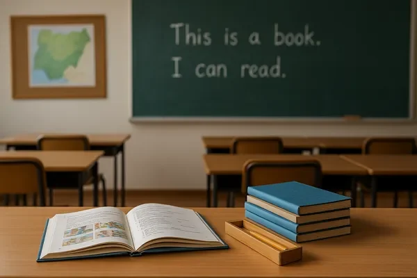 Nigeria Reverts to English classroom scene showing an open English textbook, chalkboard sentences, and a Nigerian map in a well-organized primary school.