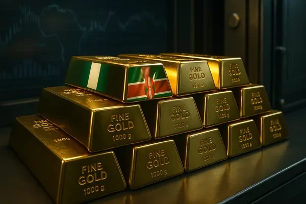 Nigeria Kenya Gold Reserves Strengthen Currency Stability Nigeria Kenya gold reserves stacked inside central bank vault with national flags reflected on gold bars symbolizing currency strength and partnership.