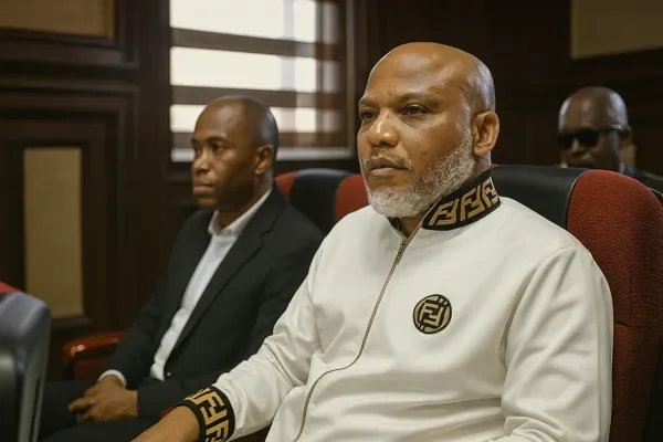 Nnamdi Kanu Life Sentence courtroom scene showing the IPOB leader seated during proceedings in Abuja Federal High Court.