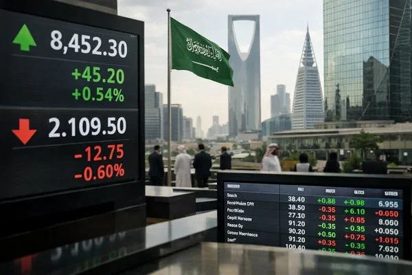 Saudi Arabia financial market opening illustrated by digital stock displays at the Tadawul exchange in Riyadh, with the Saudi flag and modern financial district in the background.
