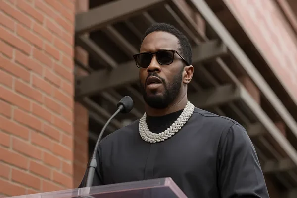 Sean Diddy Combs Sentencing press conference low-angle shot with serious expression