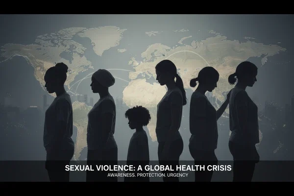 Sexual violence against women and children depicted as a global health crisis affecting communities worldwide