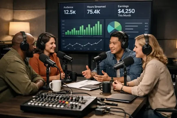 Spotify podcast monetization shown through creators recording a video podcast in a modern studio