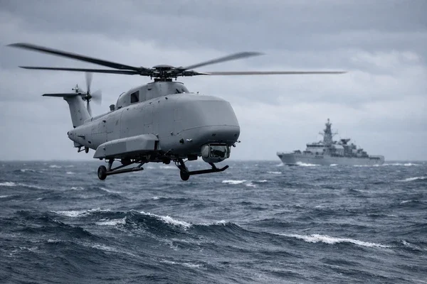 UK crewless helicopter Proteus flying over the North Atlantic during Royal Navy testing