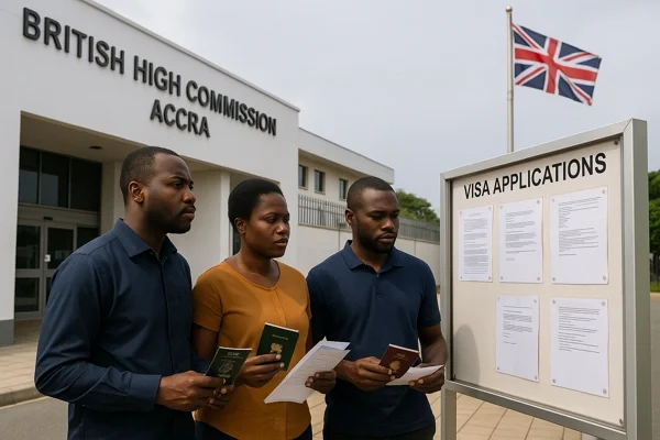 UK visa fraud Ghana applicants standing outside the British High Commission in Accra reviewing visa application notices while holding passports and documents.