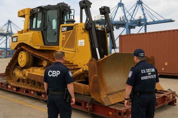 US Customs Bulldozer Seizure shows CBP officers inspecting a $237K Caterpillar bulldozer at Baltimore Port before shipment to Ghana.
