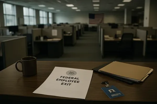 US Government Brain Drain – Federal Workers Exit in Historic Week US government brain drain office with vacant cubicles and resignation letter